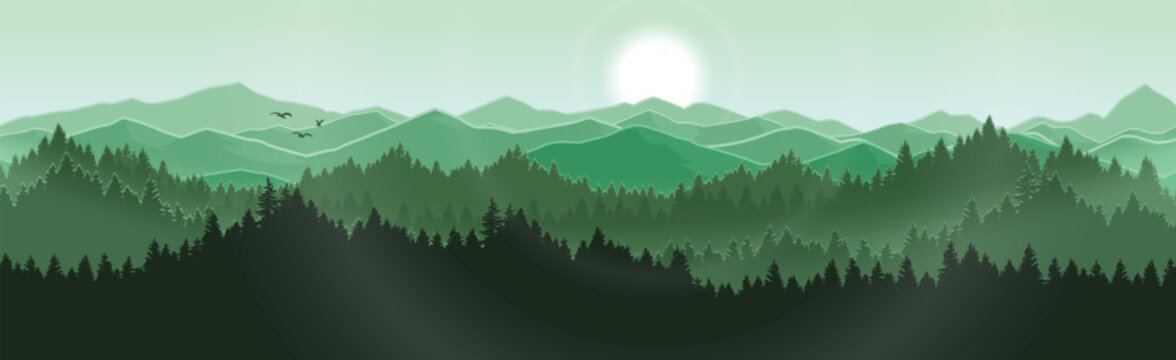 Vector scene of sunlit meadow and mountains. © Supachai