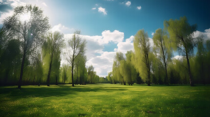 Fototapeta premium view spring nature with a neatly trimmed lawn surrounded by trees ,generative ai
