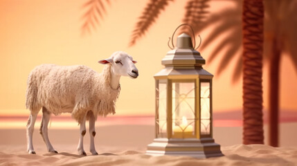 Close up of a sheep lamb in the desert with a mosque and palm tree lantern Islamic art, 