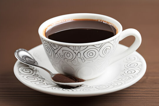 A cup of black coffee and a spoon of ground coffee on a saucer, AI generated.