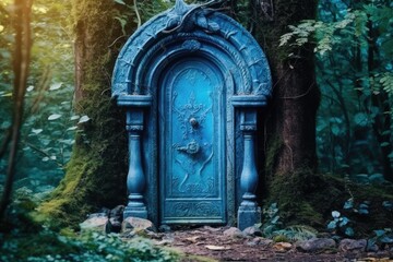 Blue fantasy ancient door in the park. Generative AI