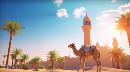 Close up of a Camel on desert with a mosque and palm tree sunny day blue sky with clouds, Eid ul Adha background