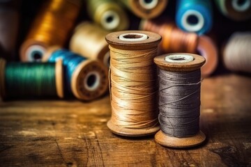Sewing thread on an old wooden spool in vintage style. Generative AI - obrazy, fototapety, plakaty