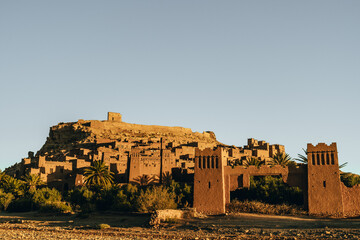 Ait Ben Haddou panorama: Ancient clay buildings rise from the desert, a UNESCO site exuding timeless beauty and cultural significance.