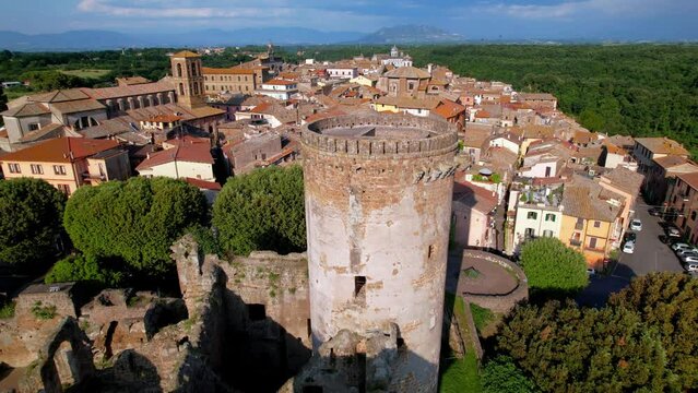 Italy travel and landmarks. Famous historic Etruscan city Nepi in Tuscia, Viterbo province. Popular tourist destination and attration. Aerial drone video of ruined castle Forte dei Borgia