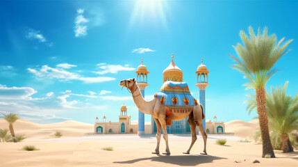 Close up of a Camel on desert with a mosque and palm tree sunny day blue sky with clouds, Eid ul Adha background