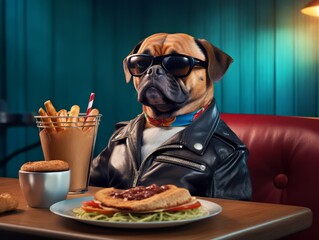 Dog wearing leather Jacket and sunglasses eating Breakifast