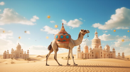 Naklejka premium Close up of a Camel on desert with a mosque and palm tree sunny day blue sky with clouds, Eid ul Adha background