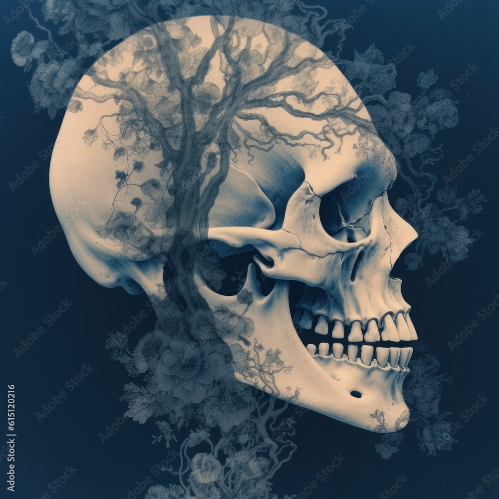 Poster a skull with a tree growing out of it. generative ai image.