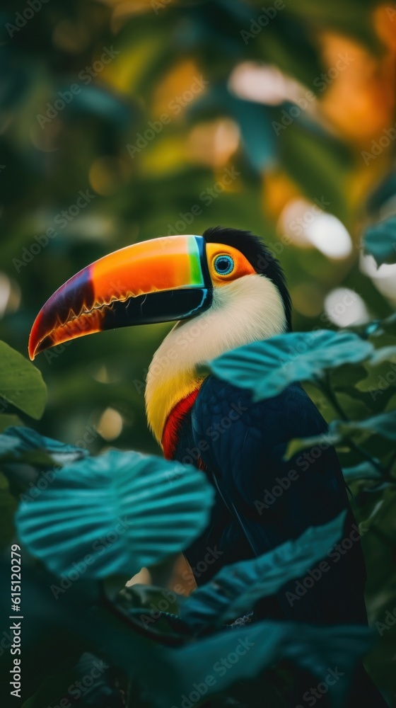 Poster a colorful bird sitting on top of a tree branch. generative ai image.