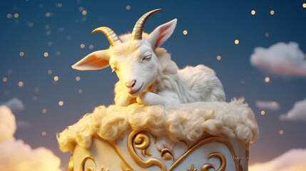 Obraz na płótnie Canvas A cute goat sleep on a beautiful cloud dreams, Eid ul Adha background