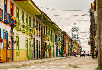 Colorful facade street in colonial town of Filandia Quindio colombia