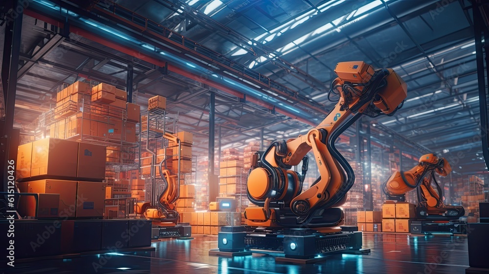 Poster intelligent robotic system for warehouses and factories with digital technology innovation industria