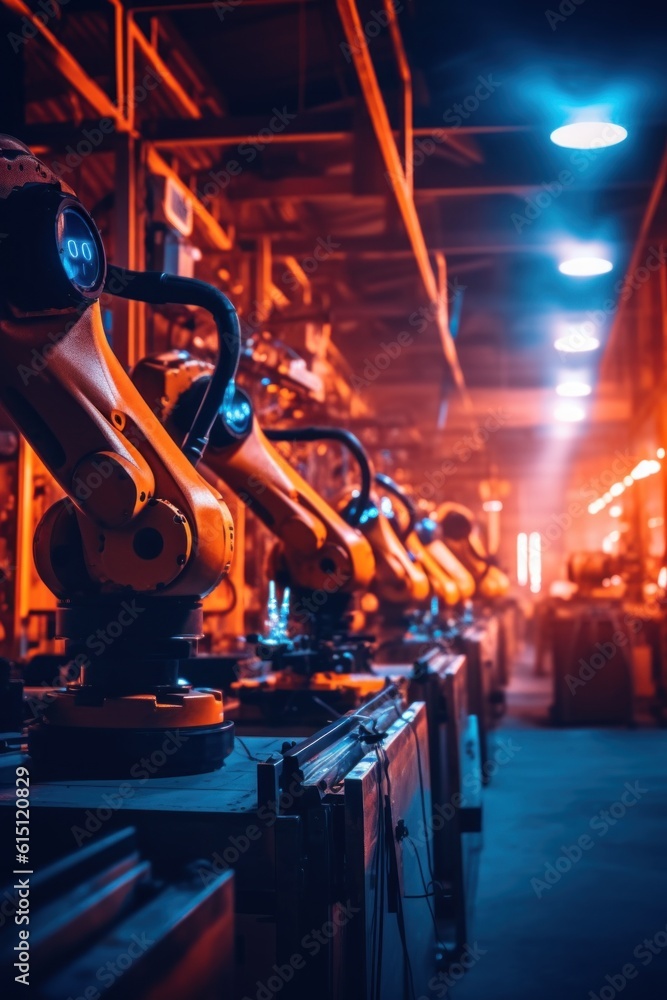 Poster a row of industrial robots in a factory. generative ai image.