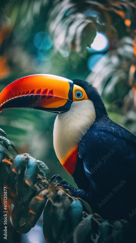 Poster a colorful bird sitting on top of a tree branch. generative ai image.