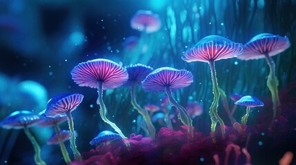Magical mysterious mushrooms. Growing microorganisms. Generative AI. Illustration for for banner, poster, cover, brochure or presentation.