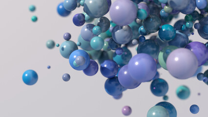 Blue, green, purple glossy balls flying. Abstract illustration, 3d render, close-up.