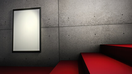 Theater entrance concept illustration, with an empty wall art frame and red stairs. Poster 3D graphics template background, ideal for new movies, event or show premieres invitations etc.