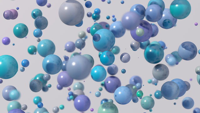 Blue, green, purple glossy balls flying. Abstract illustration, 3d render, close-up. © dinachi