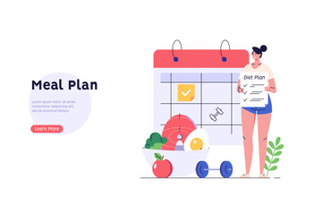 Diet plan illustration. Woman planning diet with calendar and fresh vegetable. Meal plan, nutrition consultation, balance diet. People control weight. Vector flat cartoon design for web banners, UI