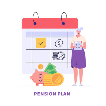 Elderly people choosing pension plan. Pensioner standing next to calculator and coins. Concept of pension savings, insurance pension, funded pension, investments. Vector flat cartoon design