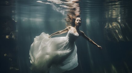 Woman with weding dress underwater.