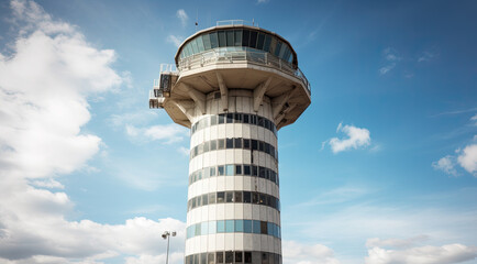 Fototapeta na wymiar air traffic control tower with a blue sky as background. low angle. Generative AI