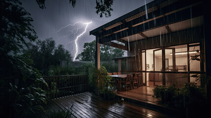 a thunderstorm with lightning from home. Generative AI