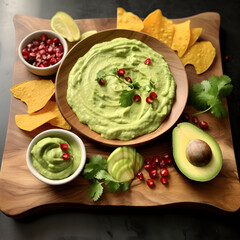 Avocado dip butter with pomegranate seeds, parsley and lime in bowl on a woodend serving board with nacho chips. Starter for party, finger food. Trendy food concept. Avocado butter with additions. AI