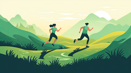 Naklejka na ściany i meble illustration of a young man and a young woman running through green meadows. sport outdoors in nature concept. Generative AI