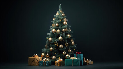 A wrapped gifts under a Christmas tree isolated on dark background. holidays concept. Generative AI