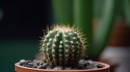 close up of a cactus in pot isolated on green - blue background. Generative AI