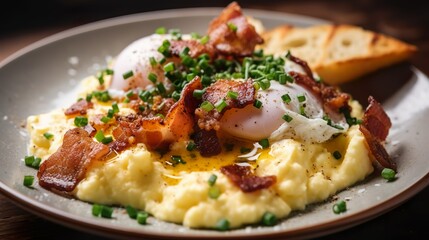 Fototapeta na wymiar Delicious American Breakfast: Bacon, Eggs, and Sandwich made with Generative AI