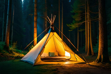 tent in the forest with warm lamp