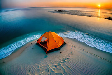 camping with sunset on the beach