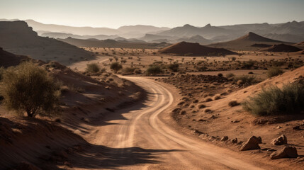 Fototapeta na wymiar winding dirt road through a dry desert. Generative AI