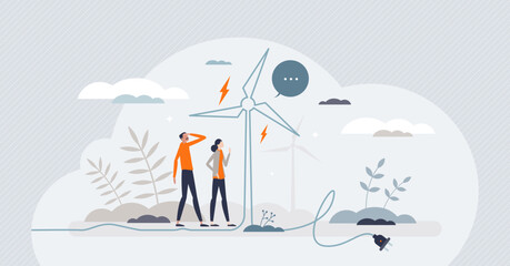 Reusable energy and wind resource usage for electricity tiny person concept. Green and ecological power production with alternative methods vector illustration. Recyclable and sustainable windmill.