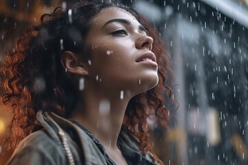 Portrait of beautiful woman in rain on the background of city streets. Generative ai image