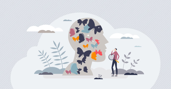 Mental health awareness and emotional inner self care tiny person concept. Psychology or psychotherapy research to help people solve mind problems vector illustration. Happy feelings after depression