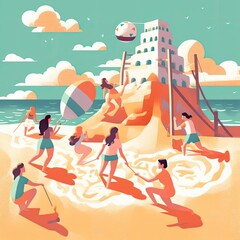 Illustration of people resting on the beach. Summer holidays. Generative AI.
