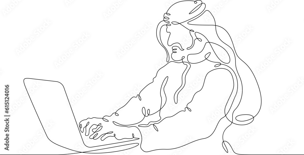 Wall mural Arab with a laptop in his hand. Man in gutra and kandura. Arab in a headscarf. Laptop internet call. Eastern man. One continuous line. Linear.One continuous line drawn isolated, white background.