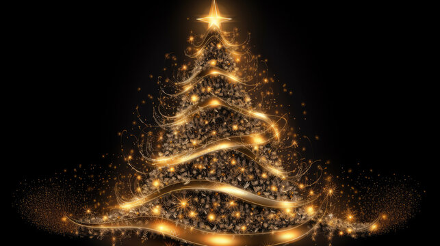 gold luminous christmas tree on black light background. Generative ai