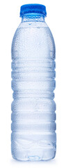 Plastic bottle of chilled water with condensation drops. File contains clipping path. - obrazy, fototapety, plakaty