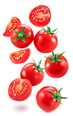 Falling cherry tomatoes and tomato slices isolated on white background. Macro shot. File contains clipping paths for each item.