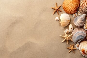 Fototapeta na wymiar Sea shells with sand as background. Summer beach, ai generated
