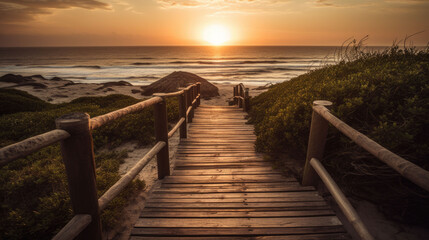 Fototapeta premium a wooden footbridge leading to the sea with a sunset on the horizon. Generative AI