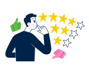 Puzzled customer leaves feedback, person chooses evaluation on rating scale, 5 stars rating system, thumbs up and down icons, abstract interface, vector illustration