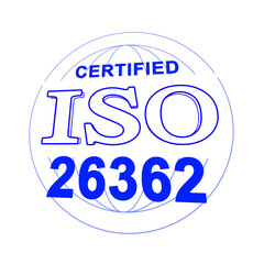 An illustration of ISO 26362 certification, like a stamp, in perspective. White background.