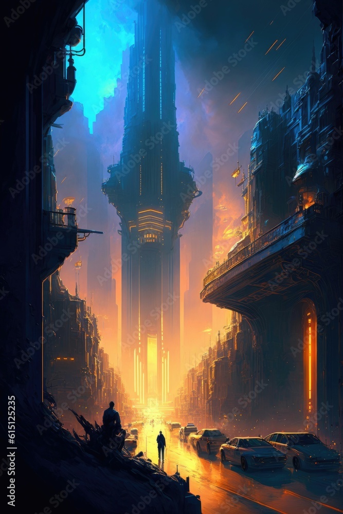 Poster a futuristic cityscape with advanced cybersecurity alien world ,made with generative ai