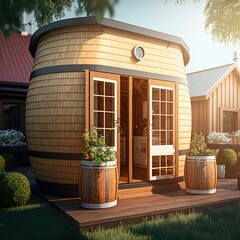 Small rustic barrel shaped cabin, tiny house or shed in the garden ,made with Generative AI
